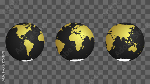 set of 3 emoji-style globes. Black and Gold with highlight. Vector.