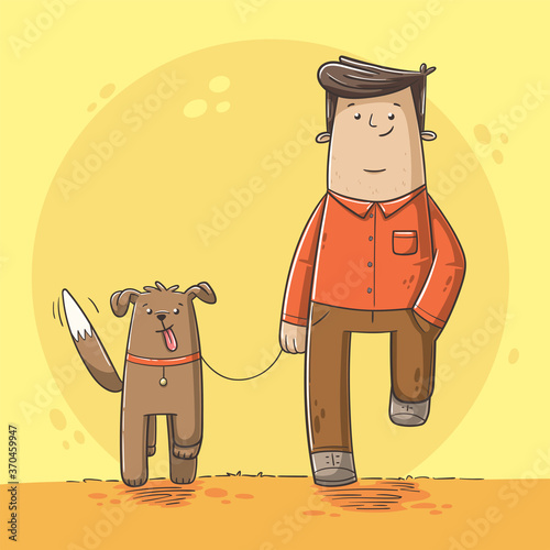 Man walks with his dog. Hand drawn vector illustration with separate layers.