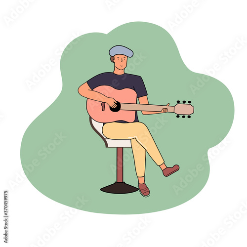 The guitarist playing guitar on the stage. Vector illustration in flat cartoon design.