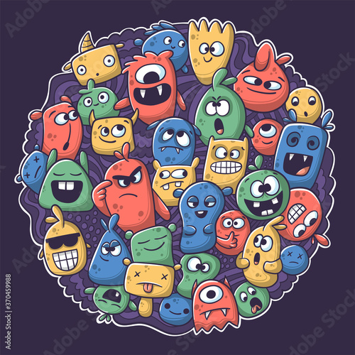 Funny cartoon monsters. Hand drawn vector illustration with separate layers.