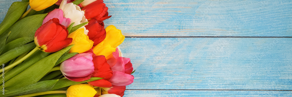 Bright bouquet of multi-colored tulips close-up on wooden boards of blue color. Bright bouquet of multi-colored tulips close-up on wooden boards of blue color.