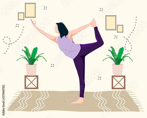 Female in meditation pose at home, natarajasana or dancer pose. Home activity, flat illustration.
