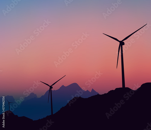 The Wind Driven Power Generators Under The Sunset