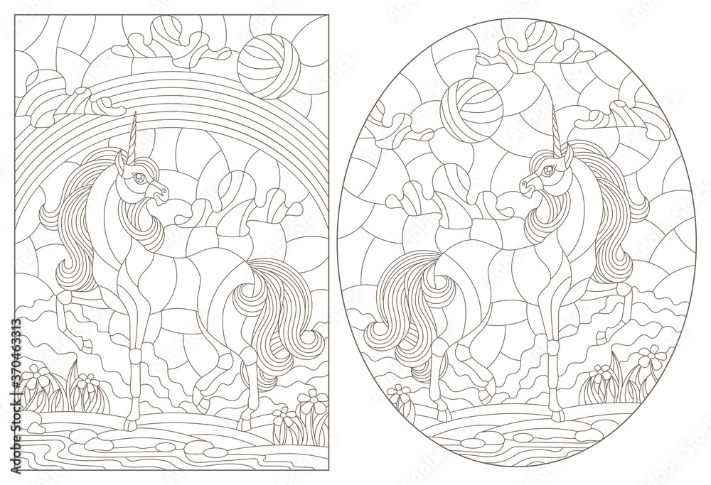 Set of contour illustrations in stained-glass style unicorns on the background of landscapes, dark contours on a white background