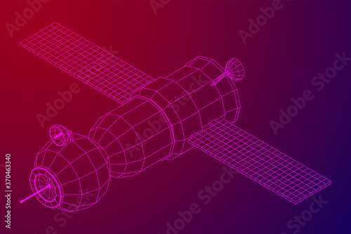 Space station communications satellite. Wireframe low poly mesh vector illustration.
