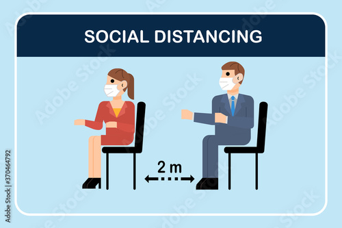Sign symbol icon vector.People siting on chair keep safe distance queue 1 meter in office or restaurant.New normal and Social distancing concept.Man and a woman in medical mask protection from corona