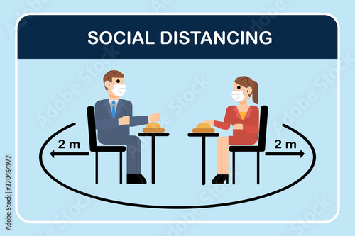 Restaurant and social distancing concept.People sitting in restaurant eating food with table seating arrangements in Canteen.Alternate seating in local public food courts.safety measures. line icon.
