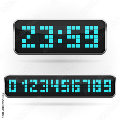 Digital clock and numbers set. Electronic alarm icon. Letters and numbers for a electronic devices. Vector template illustration.