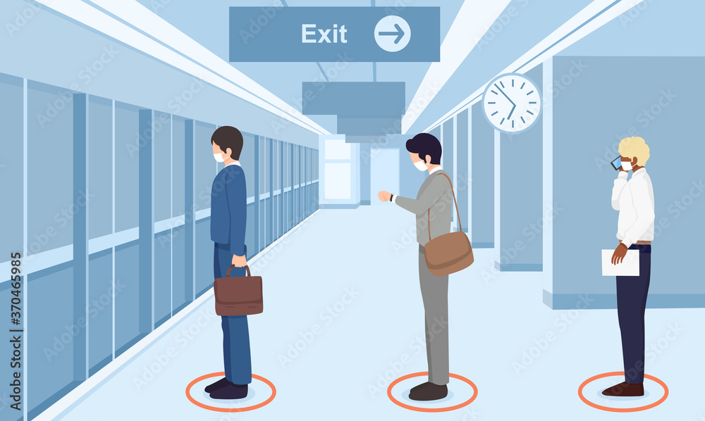 Safe travels under Covid-19,People wearing medical mask wait in line for subway train, keep distance for 2 meters, social distancing concept health protection, new normal,vector illustration Safe travels under Covid-19,People wearing medical mask wait in line for subway train, keep distance for 2 meters, social distancing concept health protection, new normal,vector illustration