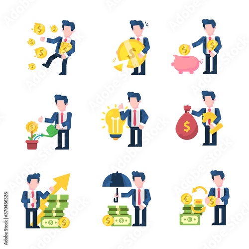 Business and finance vector Illustration flat design style, rich, loss, savings, company growth, idea, money strategy, profit, protector, money changer