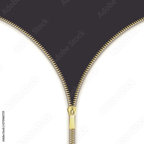 Open close zip. Realistic zipper fastener reveal vector. Metallic gold elegant zip locker with runner vertical. Graphic illustration