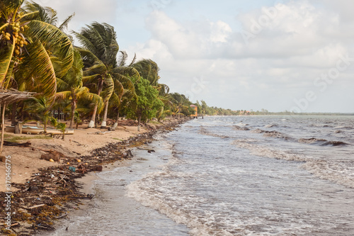 idyllic Belize beach scenery with palm trees but the sand full of plastics and trash