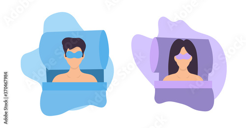 Young woman sleeping with a night face mask in bed on an abstract background. Vector illustration of health care, relaxation. Muchina sleeps in a cloth mask in her bed. Healthy sleep concept