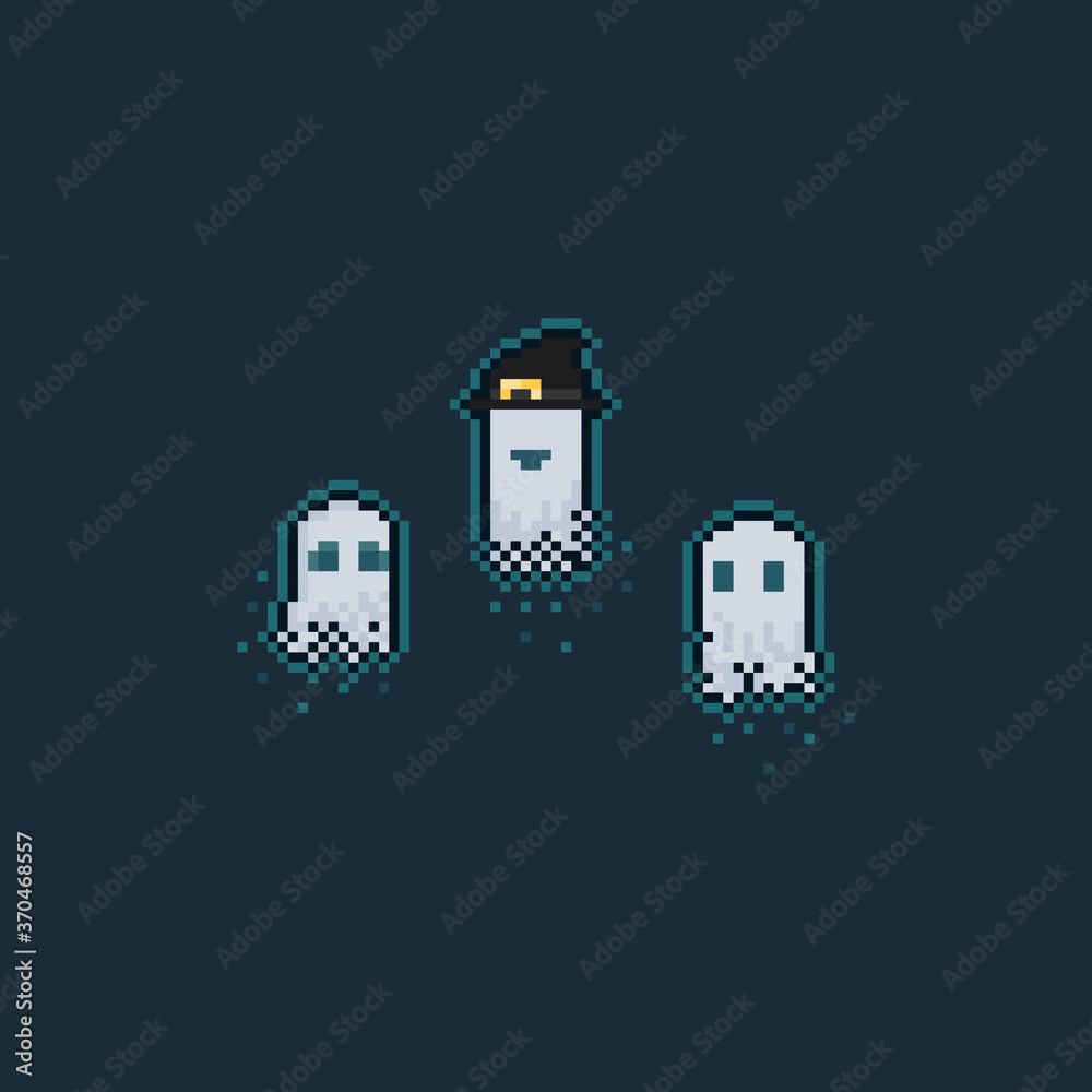 Pixel art cartoon cute ghost character set.
