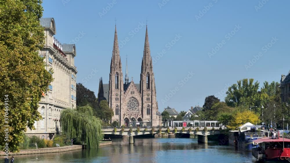 Metro Train Passing By Strasbourg Church Cathedral, France Metro Train Passing By Strasbourg Church Cathedral, France