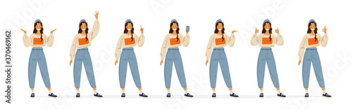  Seth with a girl in casual clothes smiles and shows hand gestures. Okay, thumbs up, hello, phone in hand. Student or schoolgirl. Flat vector illustration isolated on white background.