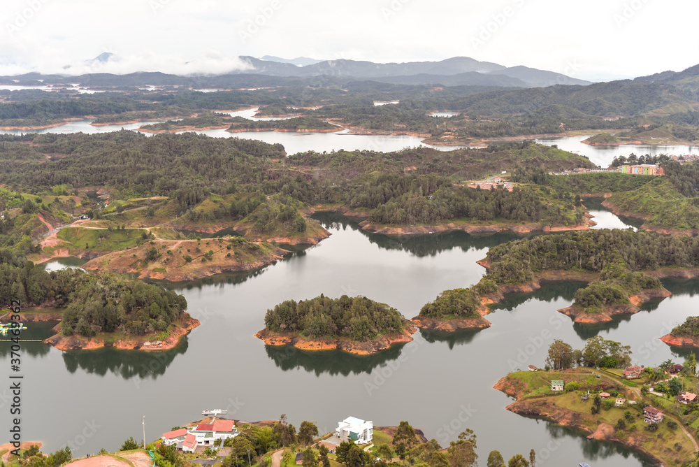 image from above of landscape with lake and islands in Embalse Del Peñol