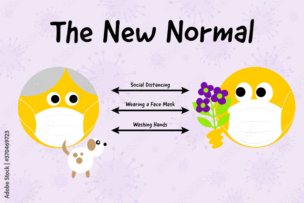 The new normal, social distancing during pandemic, older emoji and young emoji wear mask, keeping apart and wash hands text, covid 19 coronavirus concept. The new normal, social distancing during pandemic, older emoji and young emoji wear mask, keeping apart and wash hands text, covid 19 coronavirus concept.