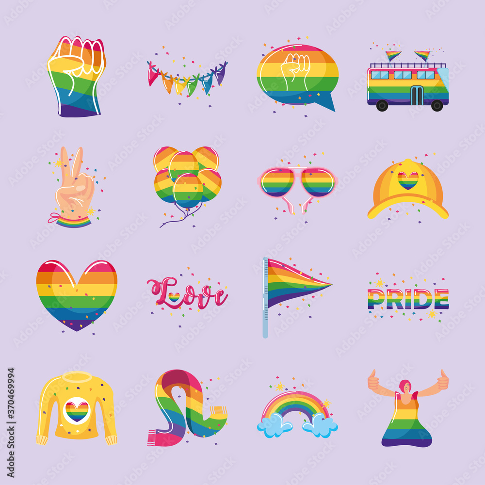 set of icons with LGBTQ community symbols on purple background