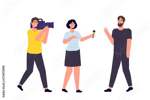 TV reporter character, Journalist special correspondent and camera man concept. Vector illustration.