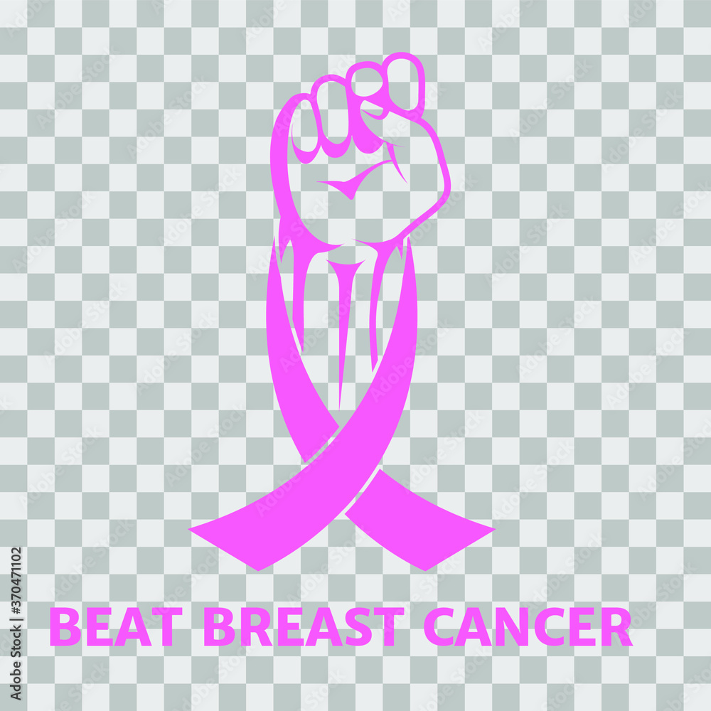 Fototapeta premium Fist and pink ribbon, symbol of victory over breast cancer. Vector icon isolated on transparent background, flat design, esp 10.