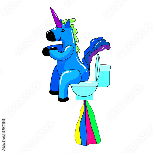Unicorn pooping a rainbow, fantasy cute character beast multicolored shit turd. Vector illustration isolated cartoon style
