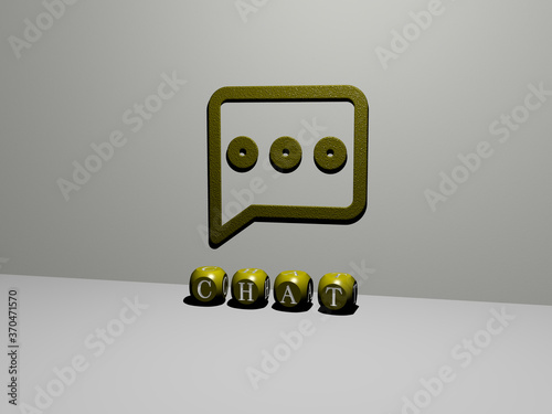 3D representation of CHAT with icon on the wall and text arranged by metallic cubic letters on a mirror floor for concept meaning and slideshow presentation. illustration and communication