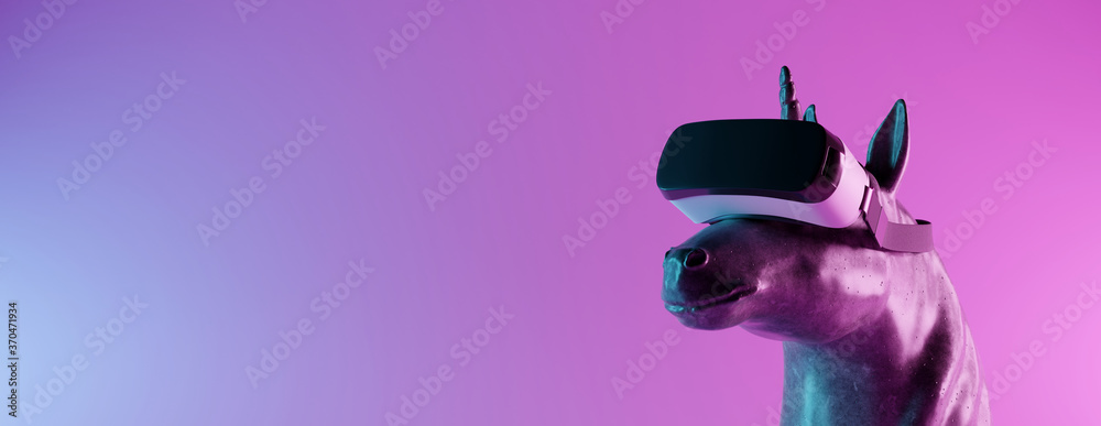 Fototapeta Concrete unicorn statue with virtual reality headset on neon light background. Creative idea. Technology concept. 3d rendering