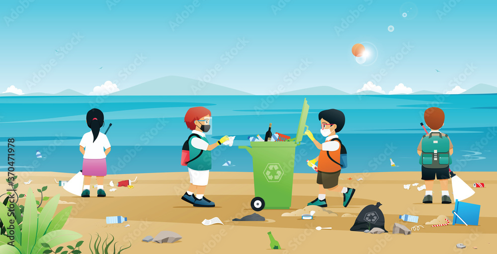 Students are helping to collect litter and plastic on the beach.