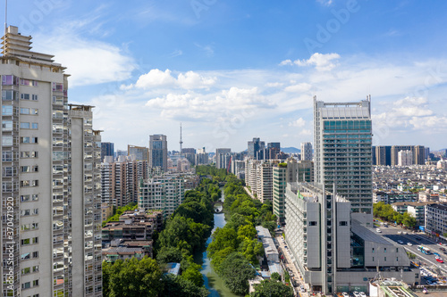 aerial view of hangzhou city skyline in a sunny day