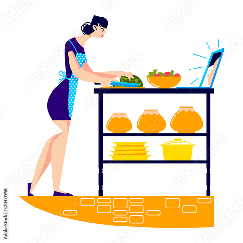 Woman cooking dinner watch food video blog on laptop. Cartoon female prepare salad with video recipe