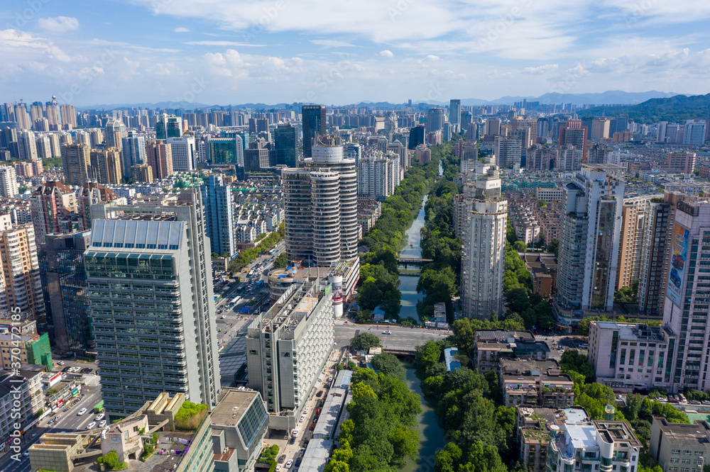 Fototapeta premium aerial view of hangzhou city skyline in a sunny day