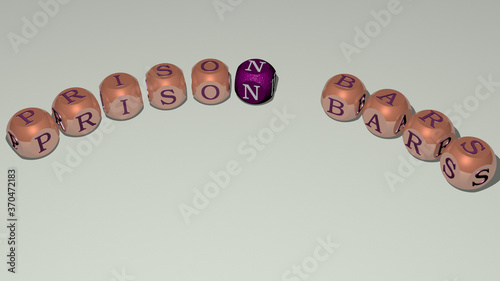 PRISON BARS text of dice letters with curvature. 3D illustration. background and building photo