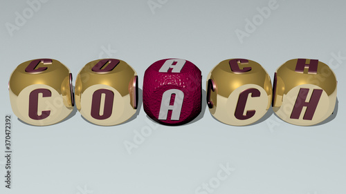 COACH text by cubic dice letters. 3D illustration. business and concept