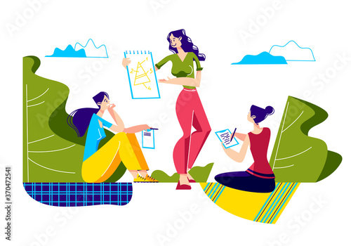 Group of students studying outdoors in park. Lessons or training courses on fresh air
