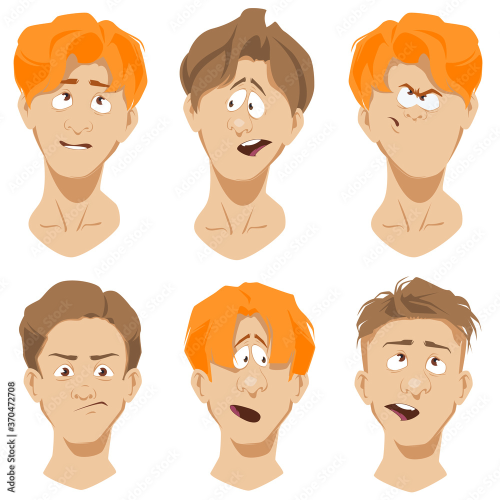 Set of human faces. Man facial expressions. Funny cartoon heads. Set of human faces. Man facial expressions. Funny cartoon heads.