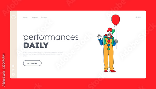 Scary Clown with Balloon Landing Page Template. Male Animator Wearing Funster Costume, Wig, Red Nose and Creepy Face