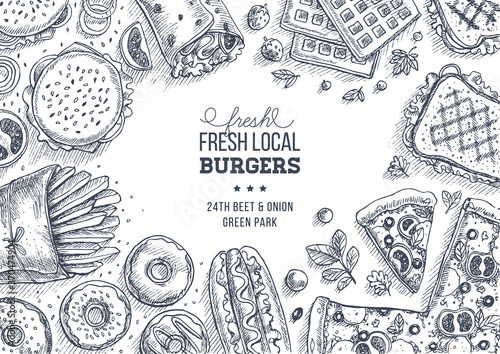 Fast food background. Linear graphic. Snack collection. Junk food. Engraved top view illustration. Vector illustration