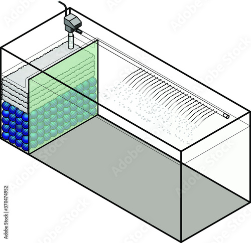 A large aquarium with a built-in filter compartment.