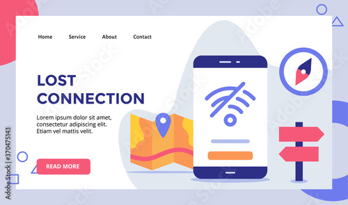 Lost connection disconnect wifi symbol on display smartphone screen campaign for web website home homepage landing page template banner with modern flat style