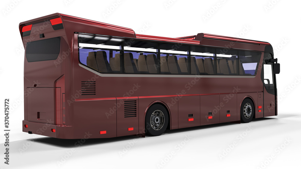 3D illustration. Large red modern excursion bus isolated on white background. Realistic 3D rendering.