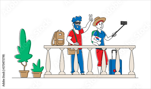 Man and Woman Tourists with Mobile Phone Make Photo Picture on Hostel Balcony. Characters with Cellphone Make Selfie