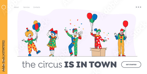 Big Top Circus Clowns Landing Page Template. Funny Carnival Funsters Characters or Jesters in Bright Costumes, Periwig