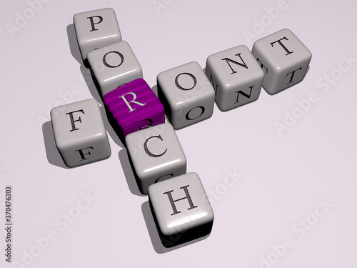 FRONT PORCH crossword by cubic dice letters. 3D illustration. background and view photo