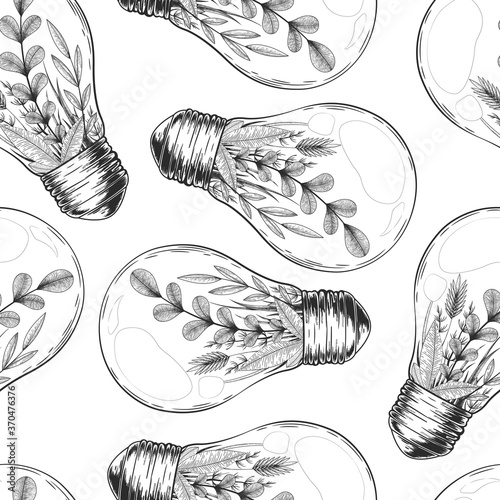 Seamless vector pattern with vintage hand drawn light bulb and plants inside isolated on white background. Vector illustration in sketch style