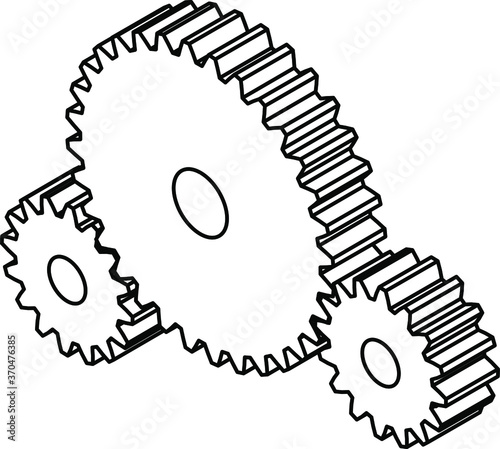 Three gears of different sizes. Line art. Shown facing left.
