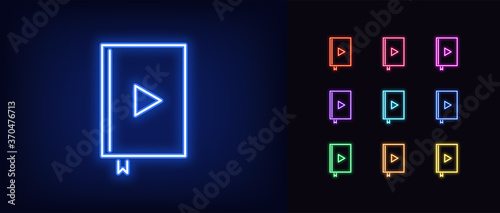 Neon audiobook icon. Glowing neon audio book with play sign, online library