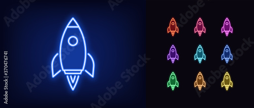 Neon rocket icon. Glowing neon spacecraft sign, spaceship flight