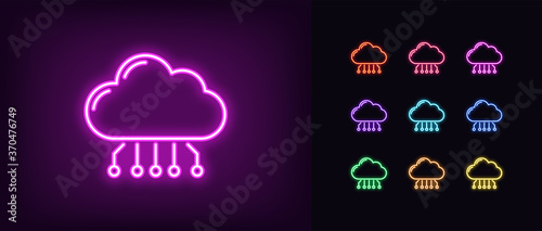 Neon cloud hosting icon. Glowing neon cloud service, online datacenter
