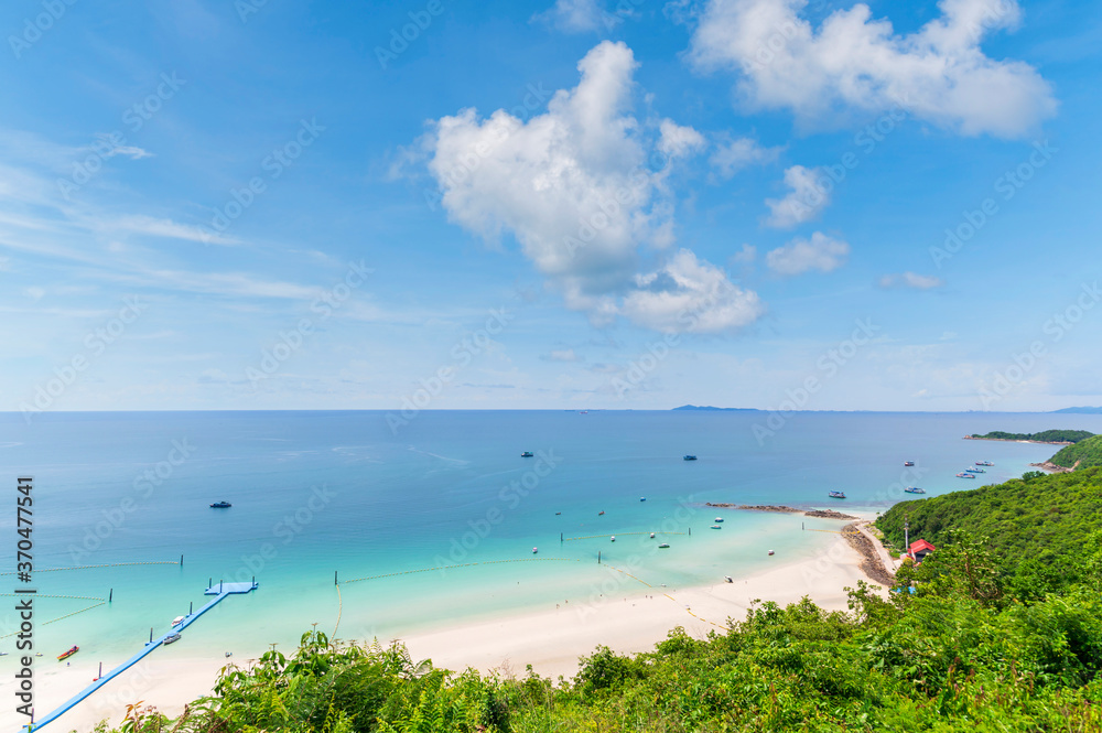 Tropical white sand beach and sea at Tawaen Beach on larn island, Pattaya City, Chonburi, Thailand